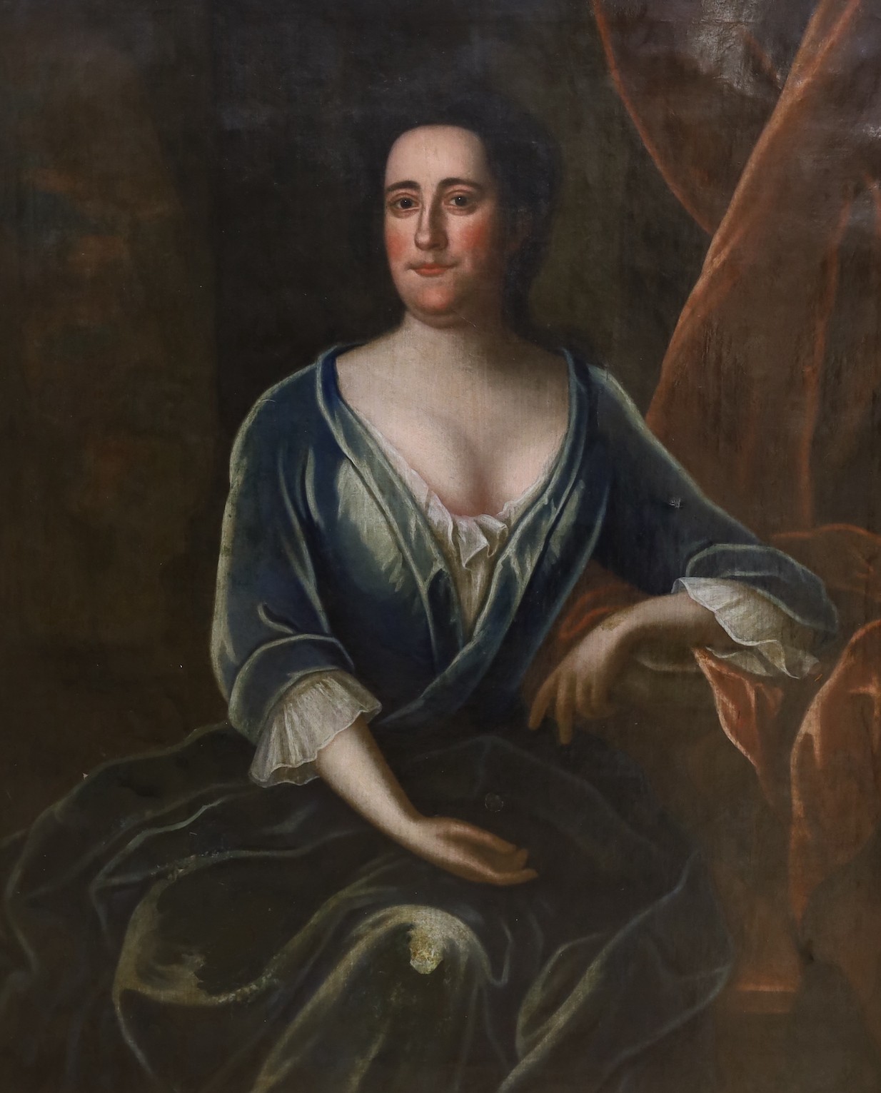 Early 18th century English School, oil on canvas, Three quarter length portrait of a lady wearing a blue dress, 123 x 97cm